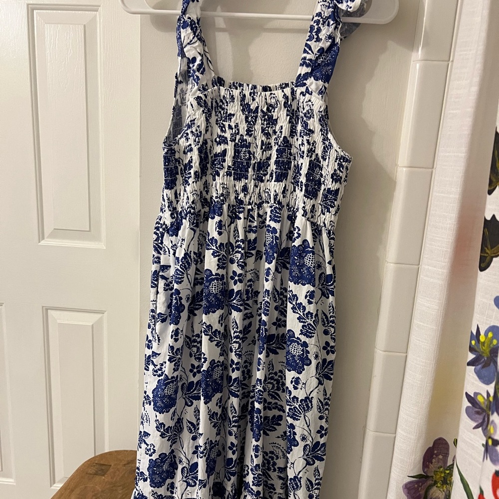 Thml Blue and White Floral Tie Back Detail Midi Dress